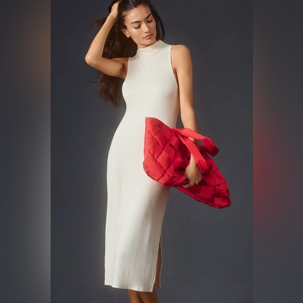 Beyond Yoga Well Traveled Rib Midi Dress Ivory Mock Neck Sleeveless Size Small - Picture 1 of 10